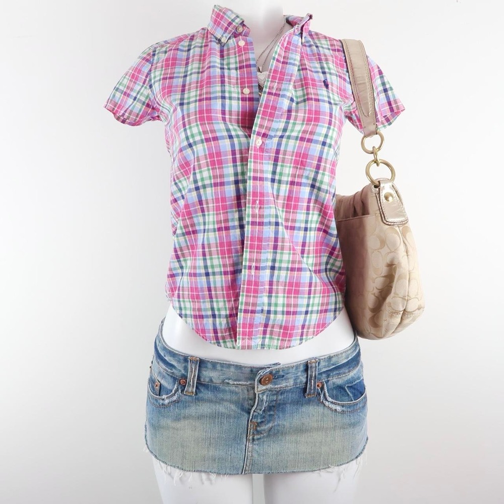 y2k ralph lauren pink plaid button up shirt women's xs 2000s